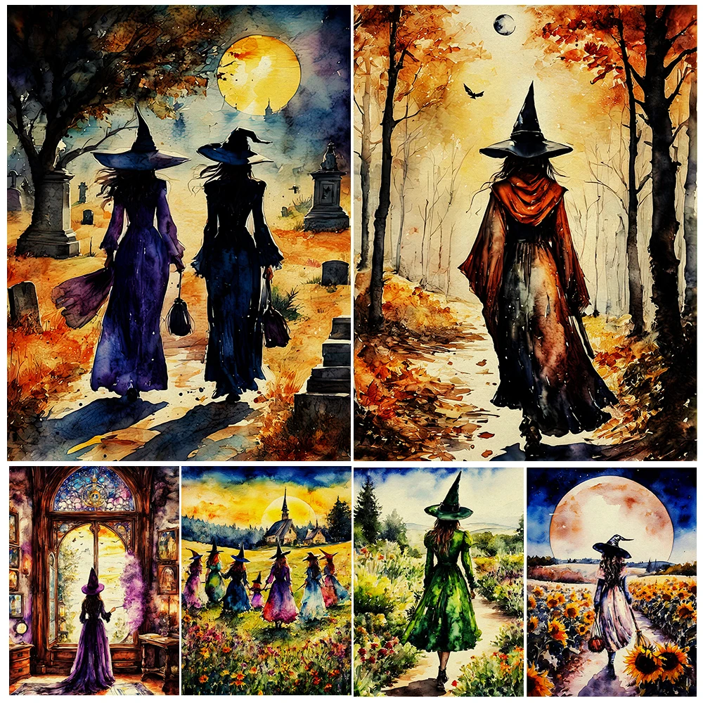 

A Magical Autumn Witch Back View Vintage Wall Art Canvas Painting The Green Witch Art Poster And Print Home Decoration Unframed