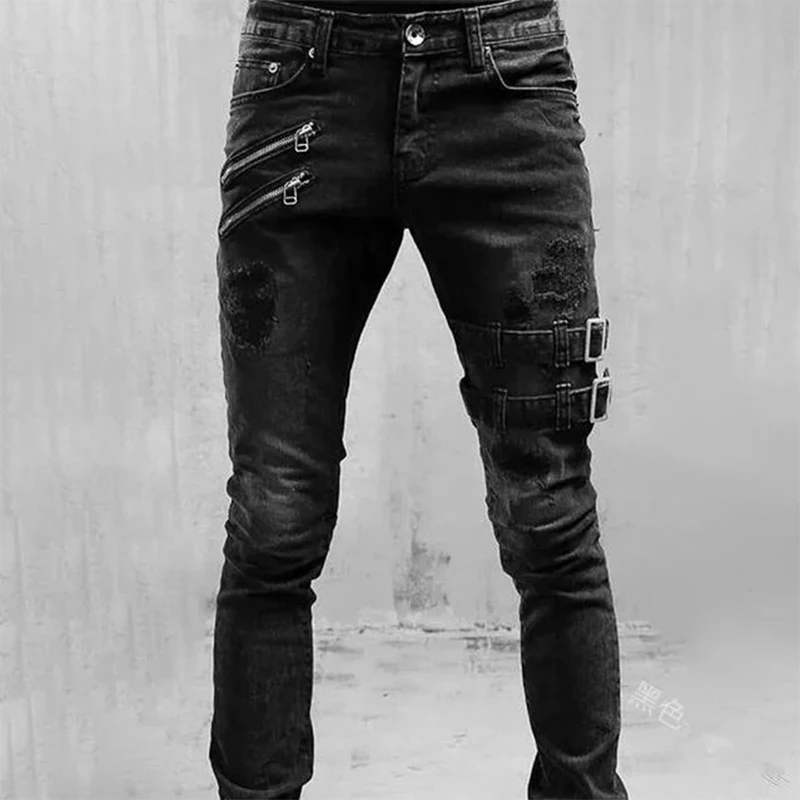 Streetwear Jeans Men Fashion Hole Straight Jeans Spring Autumn High-QualityMoto & Biker Skinny Casual Denim Pants For Men
