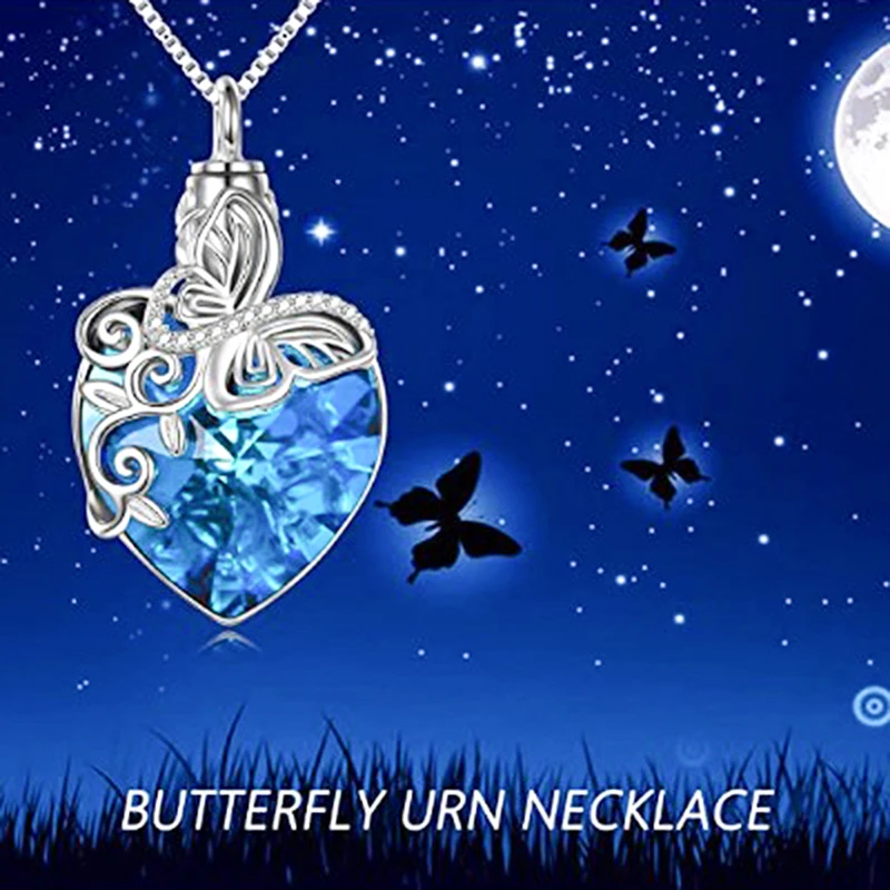 

Creative Heart Cremation Jewelry with Blue Crystal Silver Butterfly Urn Necklace for Ashes Jewelry Gifts for Women Girls