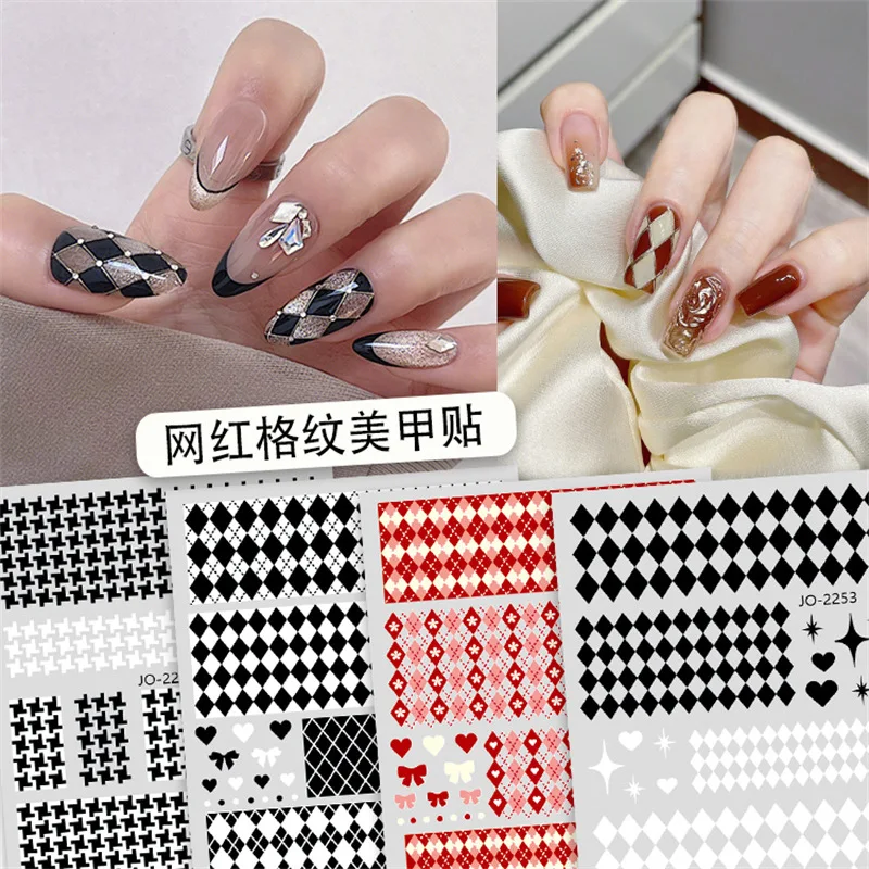 

1Sheet New Styles Black /White Design Nail Art Decals 3D Rhombus Plaid Pattern Series Decals For Press on Nails Accessories Tool