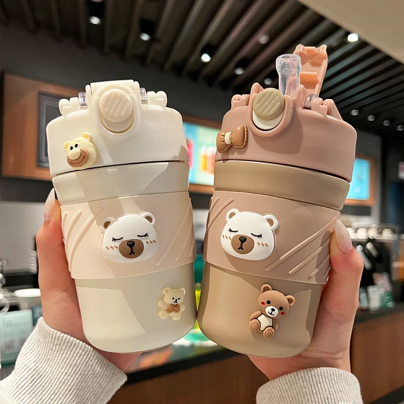 450ML Cute Bear Double Drink Thermos Coffee Mug with Straw Portable Stainless Steel Tumbler Insulated Cup Water Bottle for Kids