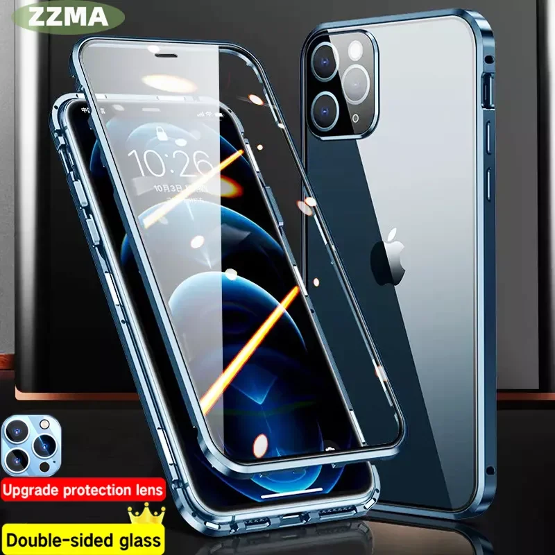 

NEW2023 ZZMA Fashion Magnetic Adsorption Glass Phone Case For iPhone 13 12 11 Pro Max XS XR Mini 360° Full Protection Case Cover