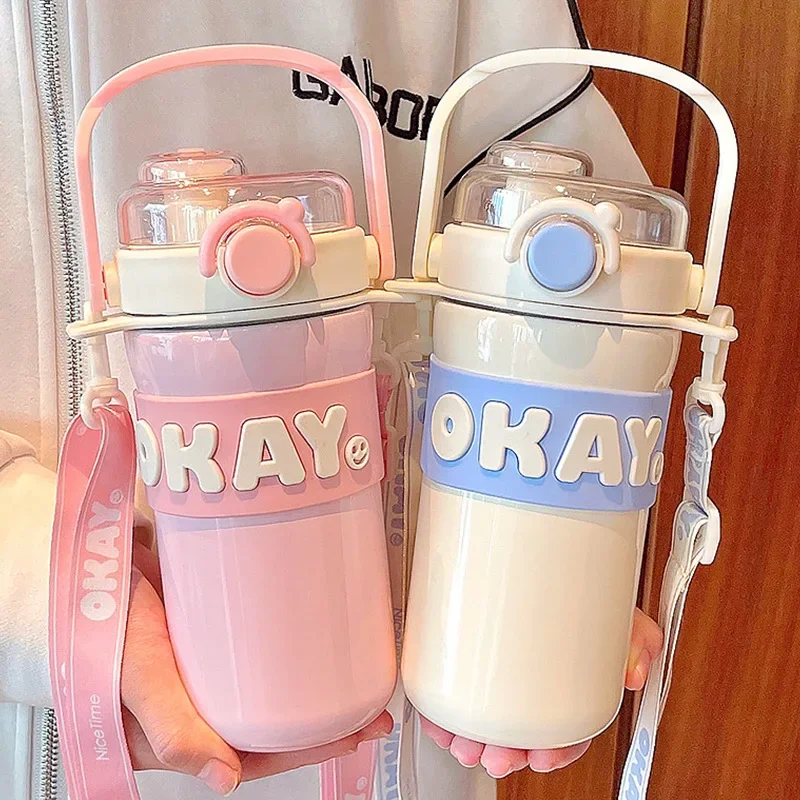 

Personality Letter Mug Portable Straw Water Cup For Boys And Girls Student Sports Kettle High-value Double Drink