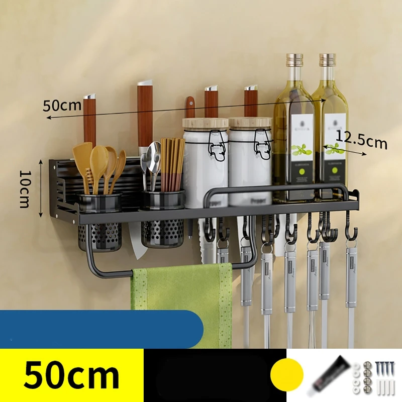 

40/50cm Kitchen Storage Shelf Storage Racks Aluminum Multifunctional Kitchen Organizers Shelving Spice Racks with 12 hooks