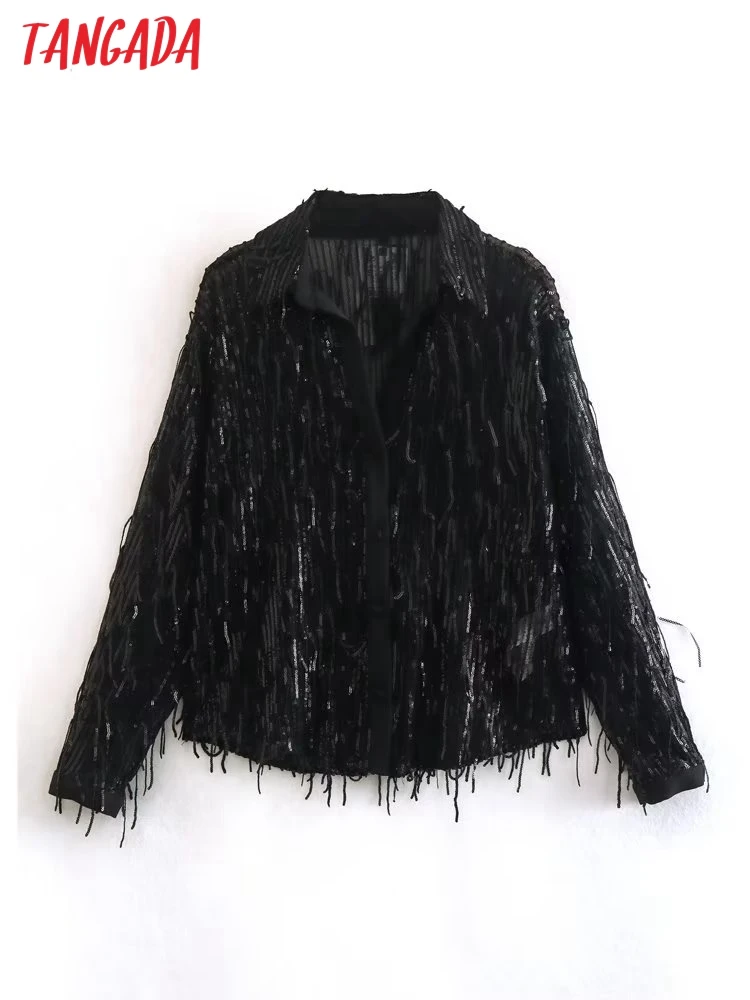 

Tangada Women Black Sequin Fringed Shirts Vintage Long Sleeve Female New Year Party Blouses Blusas 6X80
