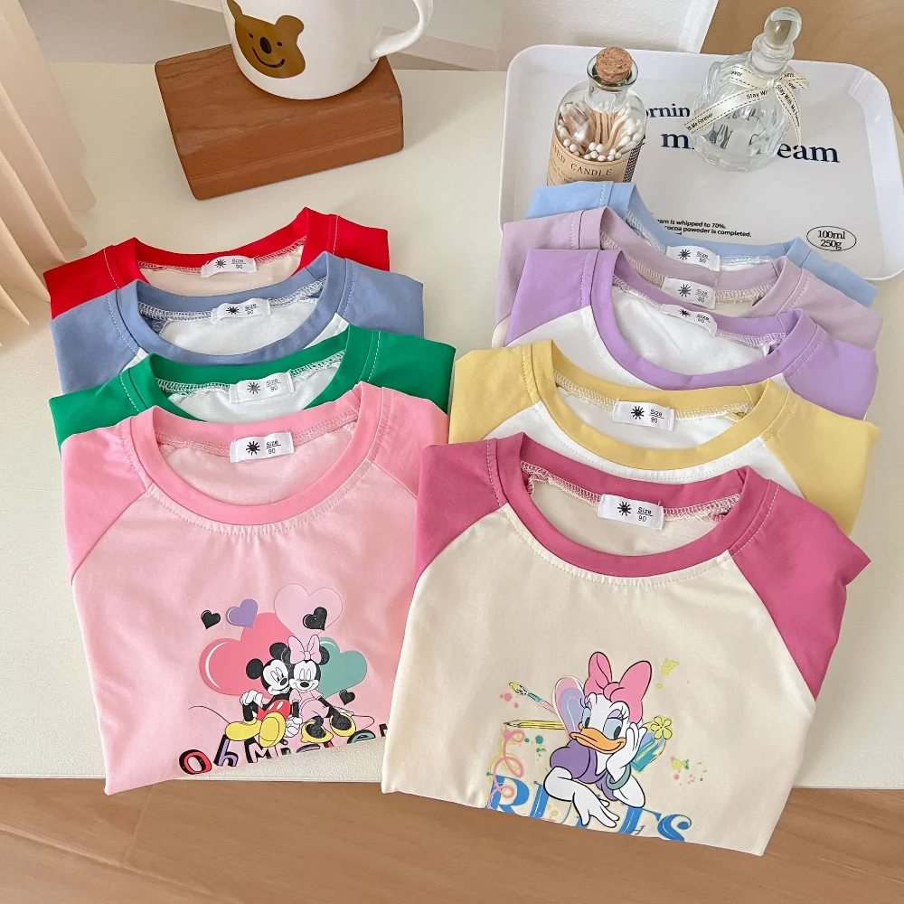 

Disney Kids Summer Short Sleeve T-shirts Top Casual Fashion Color Block Cartoon Minnie Mickey Mouse Print Tees 2-11 Year Clothes