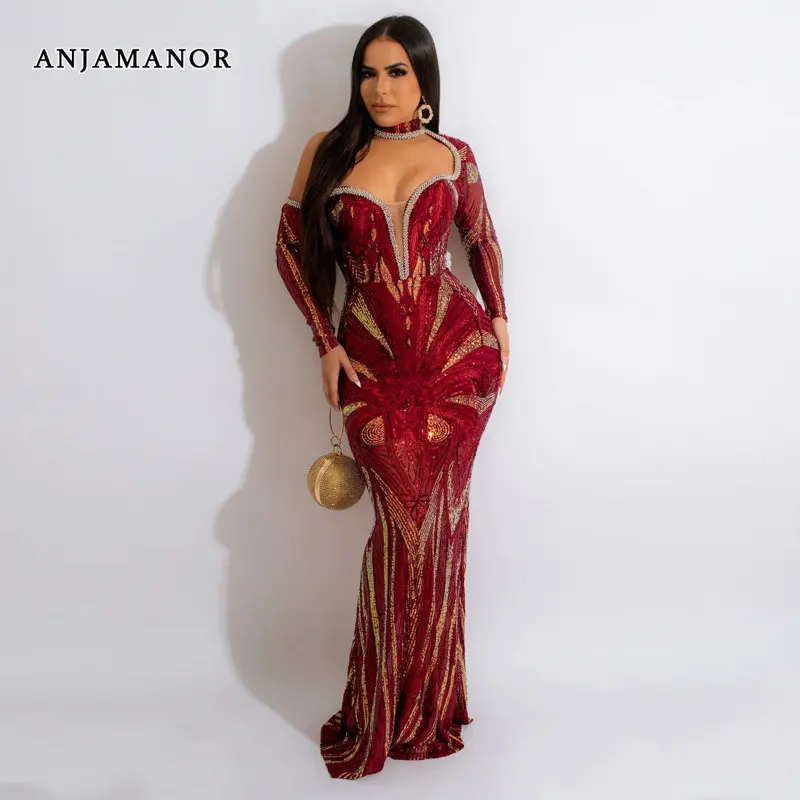 

ANJAMANOR Sequin Luxury Evening Dresses 2023 Elegant Sexy Birthday Party Cut Out Backless Long Sleeve Maxi Dress D57-ABI63