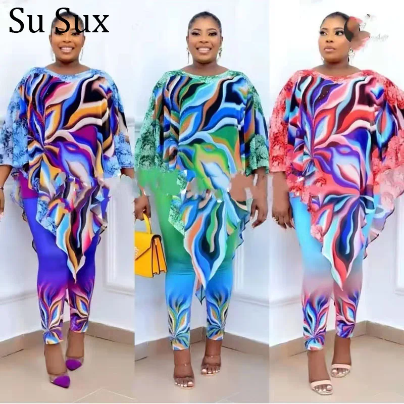 

Chiffon Pant Sets 2 Piece Sets Womens Outfits Print Irregular Top and Pencil Pants Suits Casual Tracksuit Sportwear African 2022