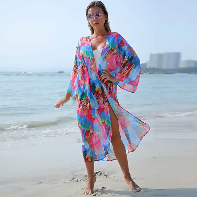 

Популярная шифоновая пляжная Солнцезащитная рубашка с принтом перьев, пикантный кардиган, свободная накидка на бикини