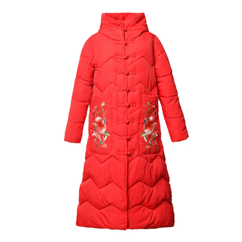 KoHuiJoo  Chinese Style Cotton Padded Jacket Women Long Woman Parkas Winter Vintage Embroidery Ethnic Down Cotton Coat Warm