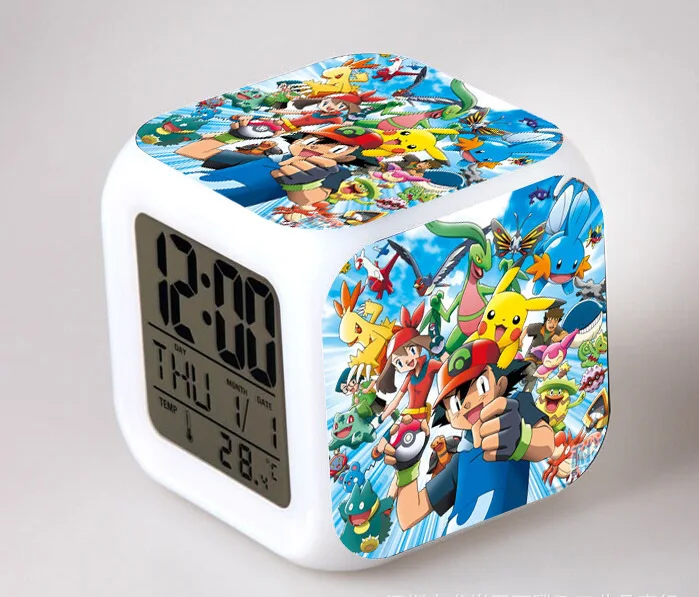 

Anime Pokemon Pikachu Squirtle Bulbasaur Charmander Alarm Clock Figure LED Glowing Night Colorful Desk Decor Clock