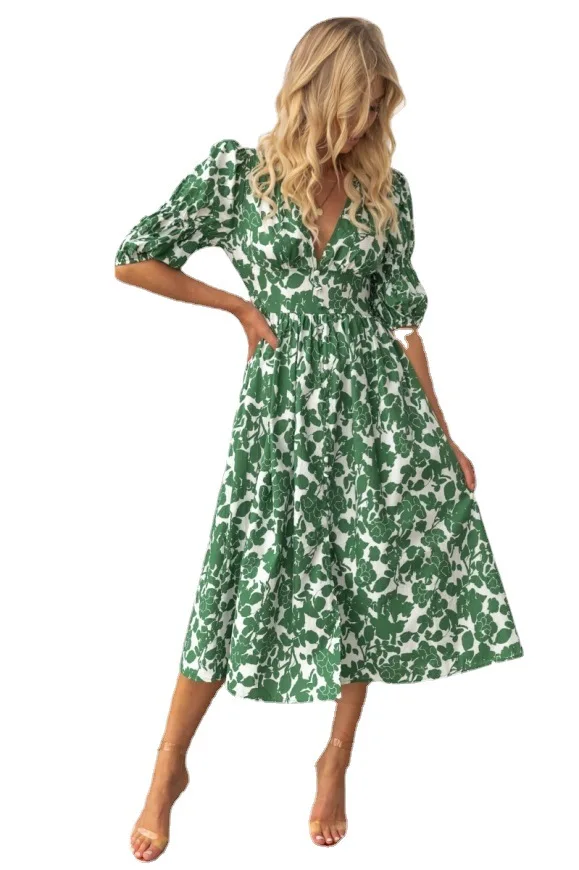 

European and American summer new sexy deep v-neck sexy slit short-sleeved printed elastic waist dress long