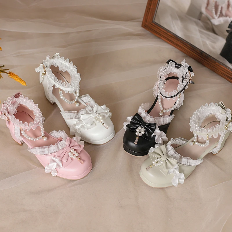 Adorable Side Open Lolita Women Sandals with Playful Sweet Delicate Bow Beaded Detail and Lace Trim Girls Platform Summer Shoes
