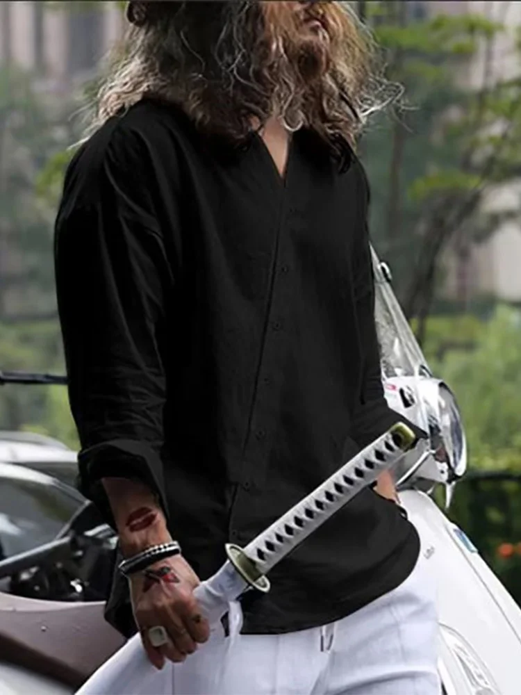 

Рубашка мужская с длинным рукавом и V-образным вырезом, модная однотонная свободная футболка на пуговицах, простая льняная универсальная уличная одежда, весна-осень