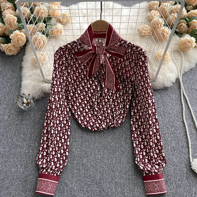 

Women Vintage Bow Tie Collar Contrast Color Geometric Print Smock Blouse Patch Office Lady Business Shirts Chic Retro Blusas Top