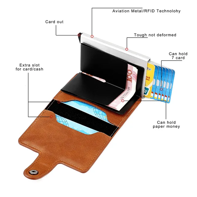 Vintage PU Leather Card Holder for Men Women Metal Wallet RFID Smart Mini Business Credit ID Card Badge Holder Cover 3