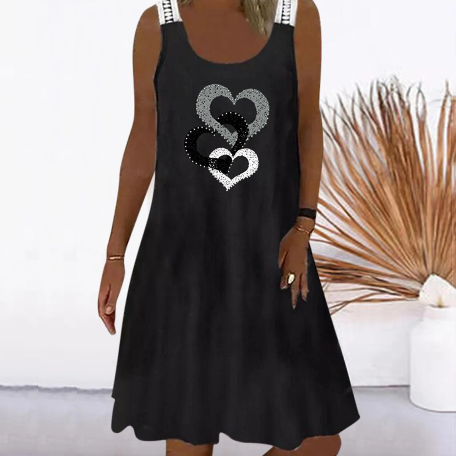

Women Casual O Neck Sunflower And Heart Printing Vest Dress Lace Sleeveless Swing Dress A Line Dress Beach Womens Dress Coat