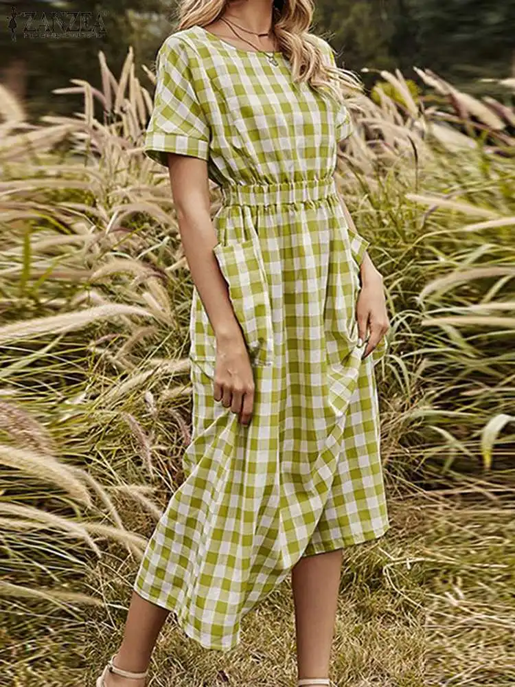 

2022 Bohemian ZANZEA Stylish Women Summer Sundress Print Grid Plaid Dress Party Holiday Vestidos Short Sleeve O Neck Robe Femme