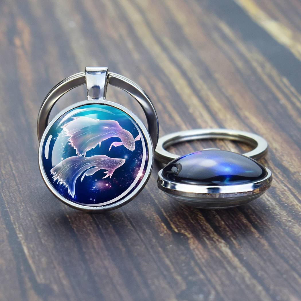 12 Zodiac Sign Keychain Glass Crystal Constellation Leo Scorpio Aries Virgo Libra Double Face Key Rings Women Mens Birthday Gift