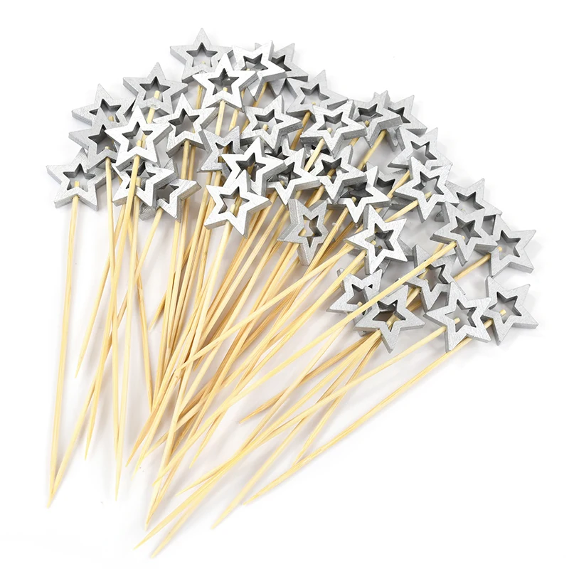 50 шт. одноразовые бамбуковые шампуры золотого серебряного цвета в форме звезды