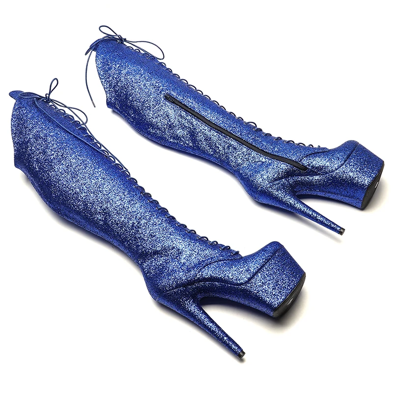 Leecabe 17CM/7inches Shiny Pole dancing shoes Chunky Platform High Boots Party Shoes  knee high boots 5B