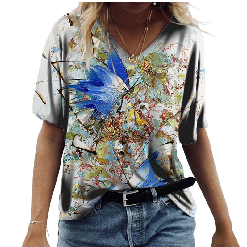 

Short Sleeve Casual T-Shirts Women Summer Streetwear Pullovers Tops Butterfly Printing Fashion 3D Ladies Tees V-Neck Loose Top