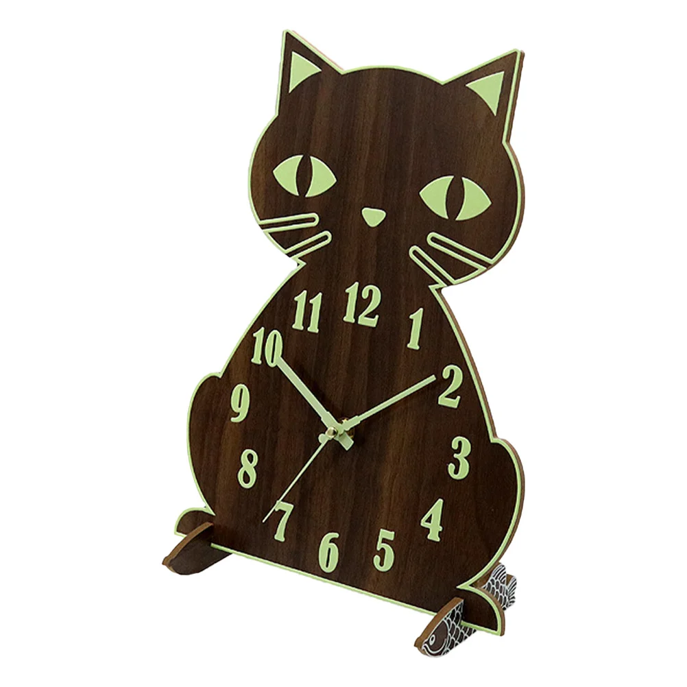 

Clock Wall Cat Silent Desktop Clocks Luminous Small Hanging Wooden Kitchen Light Night Woodhomedark Ticking Nonglow Shaped