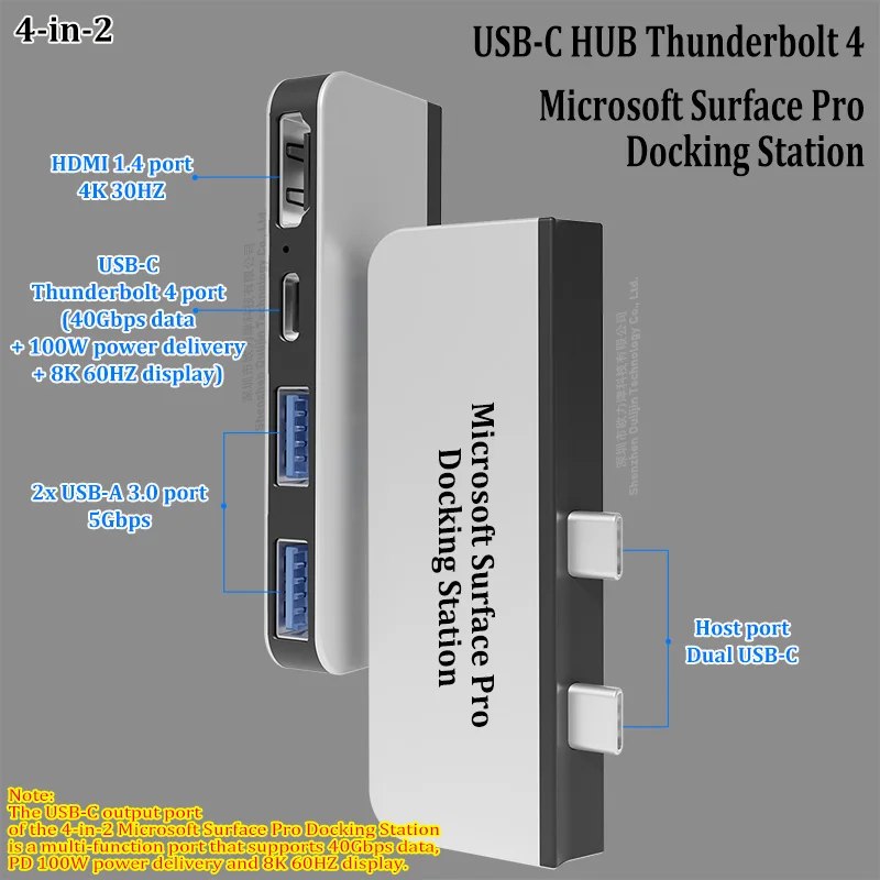 Док-станция USB-C Thunderbolt 4 HUB 40 Гбит/с данных 100 Вт зарядка 8K 60 Гц дисплей Microsoft