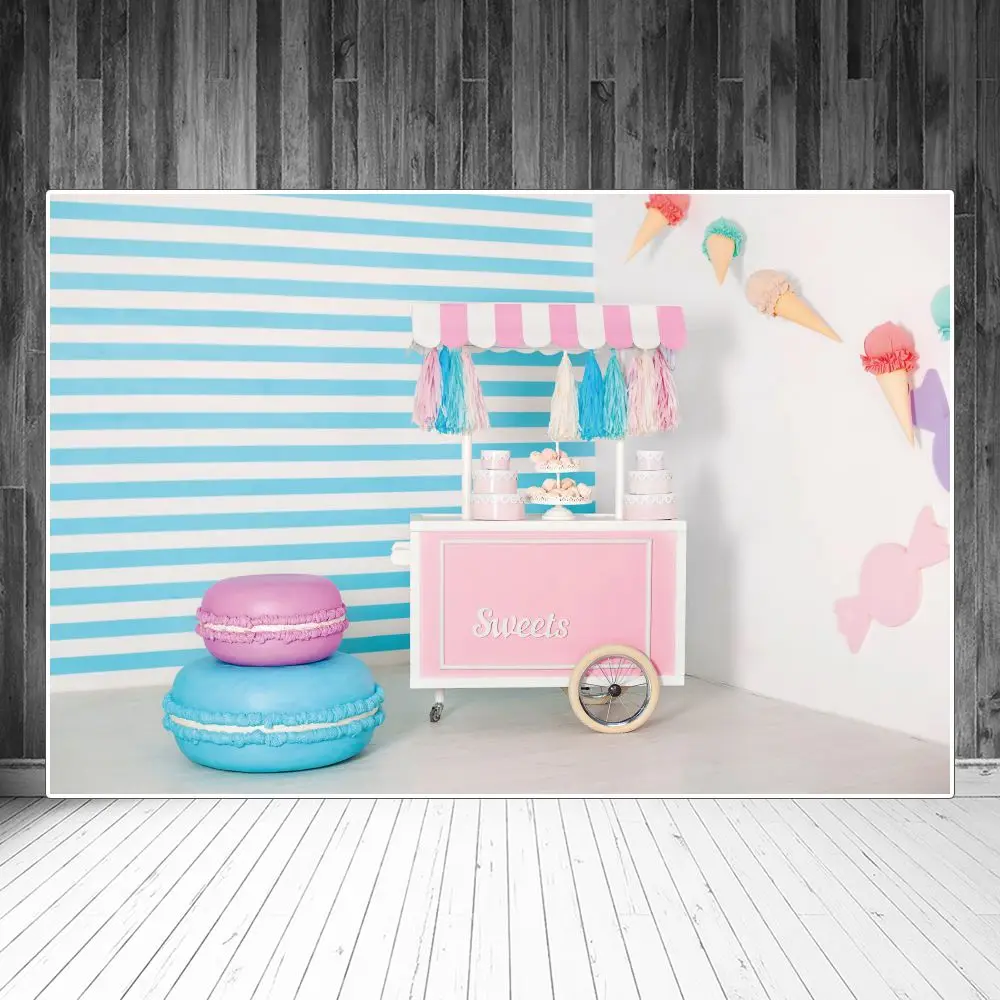 

Kids Party Backdrops Photography Decoration Candy Bar Pink Cart Cakes Stripes Wall Custom Baby Photozone Photo Backgrounds Props