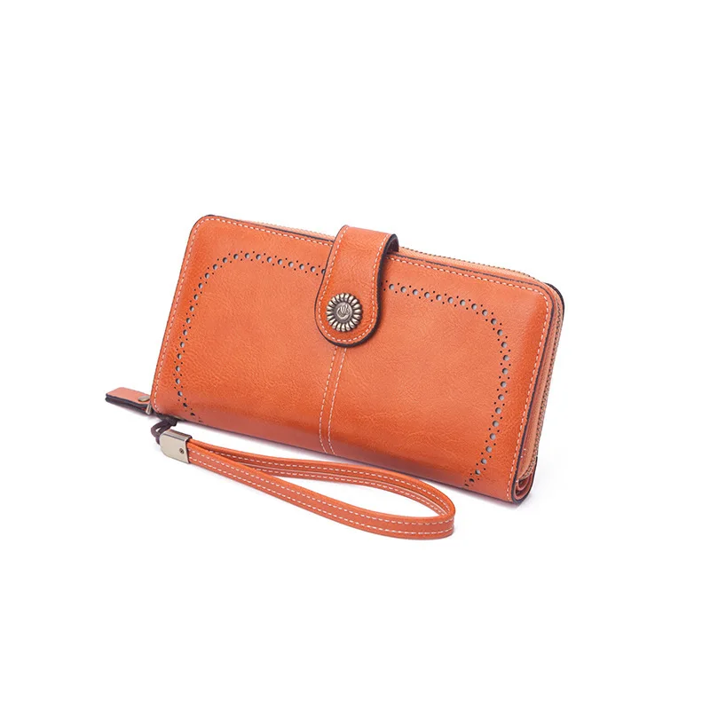 

Hot Sale New Wallet Women Retro Wax Leather Long Hollow Wallet Multi-function Large Capacity Mobile Phone Bag