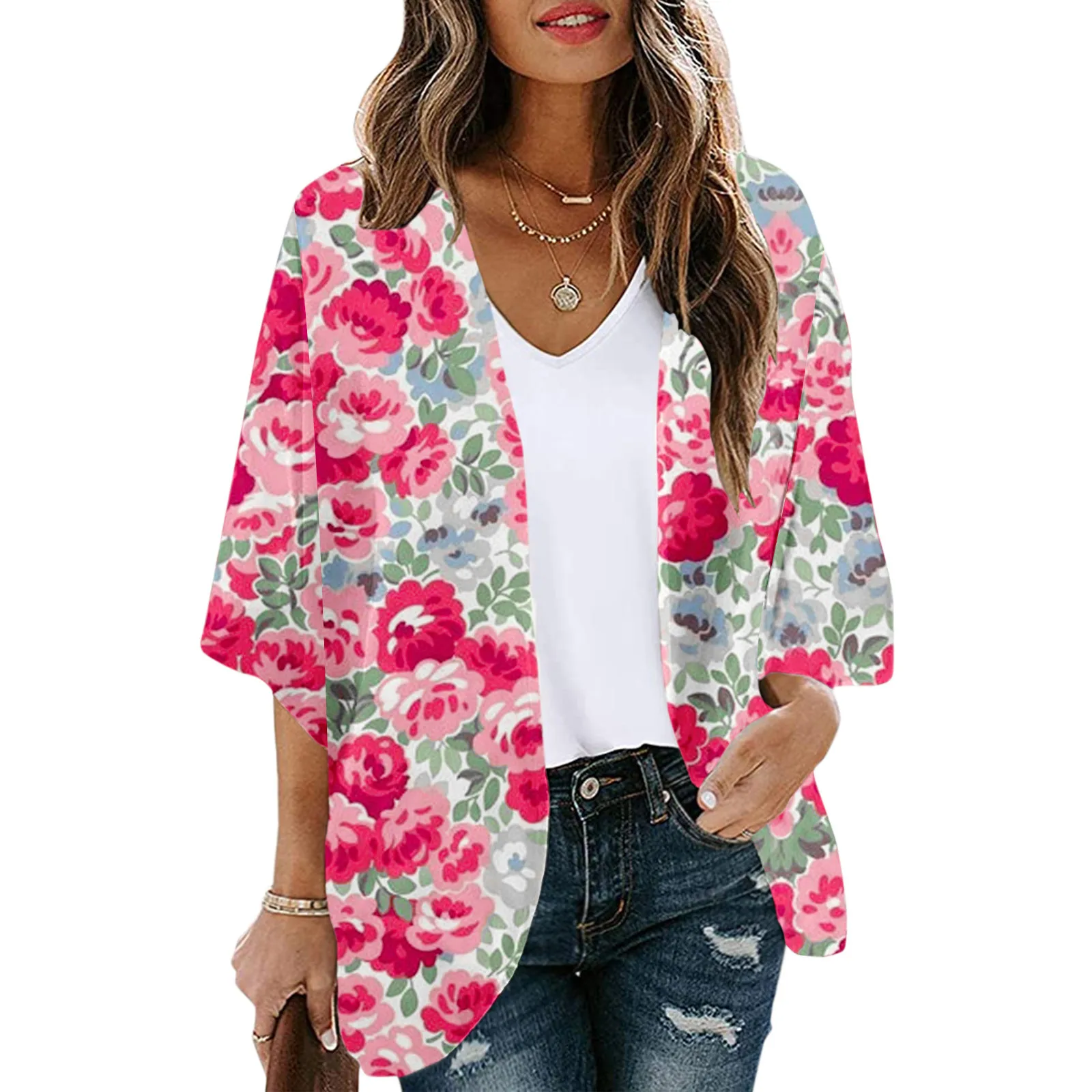 

Womens Floral Print Puff Sleeve Kimono Cardigan Loose Cover Up Casual Shirt Top Peach Cardigan