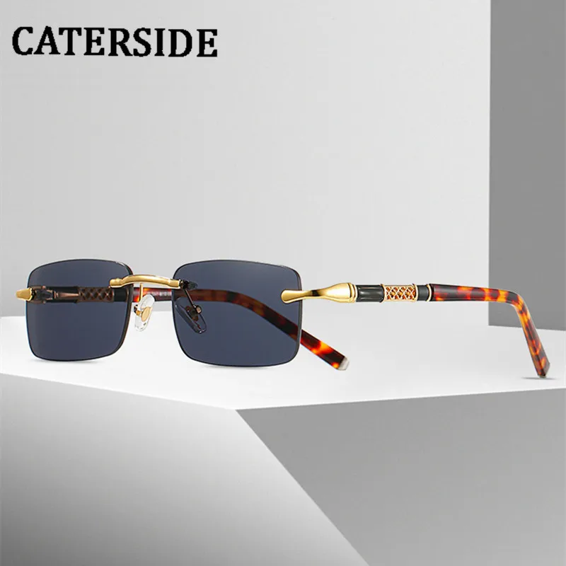 

CATERSIDE Rimless Rectangle Sunglasses Men Plate Temples Small Square Sun Glasses Women Retro Optical Frame Eyeglasses UV400