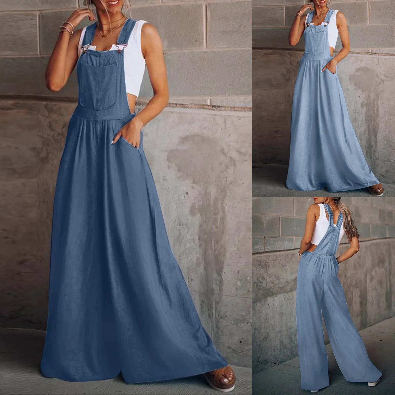 

Baggy Denim Jumpsuit Women Summer Vintage Daily Casual Sleeveless Pocket Washed Denim Bib Jeans Overalls Wide Leg Pants Rompers