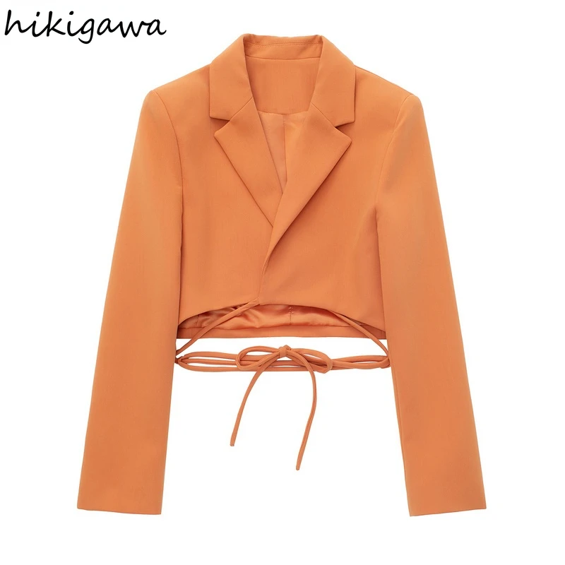 

Hikigawa Women Fashion With Thin Tied Bow Cropped Casual Blazer Coat Vintage Long Sleeve Female Outerwear Chic Tops Mujer