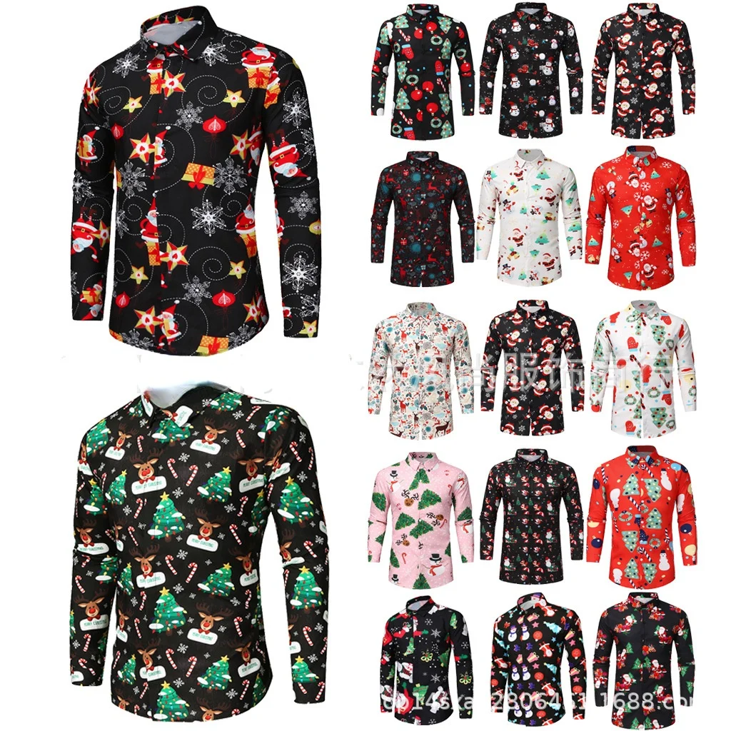

New 2022 Hot-selling Men's Santa Claus Print Shirt Long Sleeve Men's Casual Fashion Shirt 18-color Christmas Gift Shirt Autumn