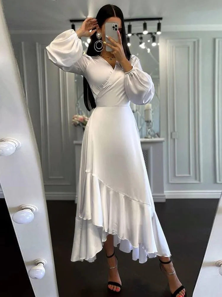 

2023 Ruffles Prom Long Dress For Women Satin Sexy V Neck Chic Elegant Vestidos Long Sleeve Party Gown Formal New evening dresses