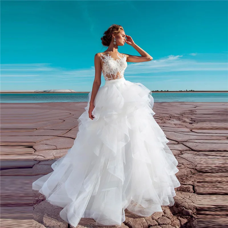 

Прозрачное Кружевное Платье-футляр с аппликацией, облегающее свадебное платье со съемной пышной юбкой, многоярусные Свадебные платья без р...