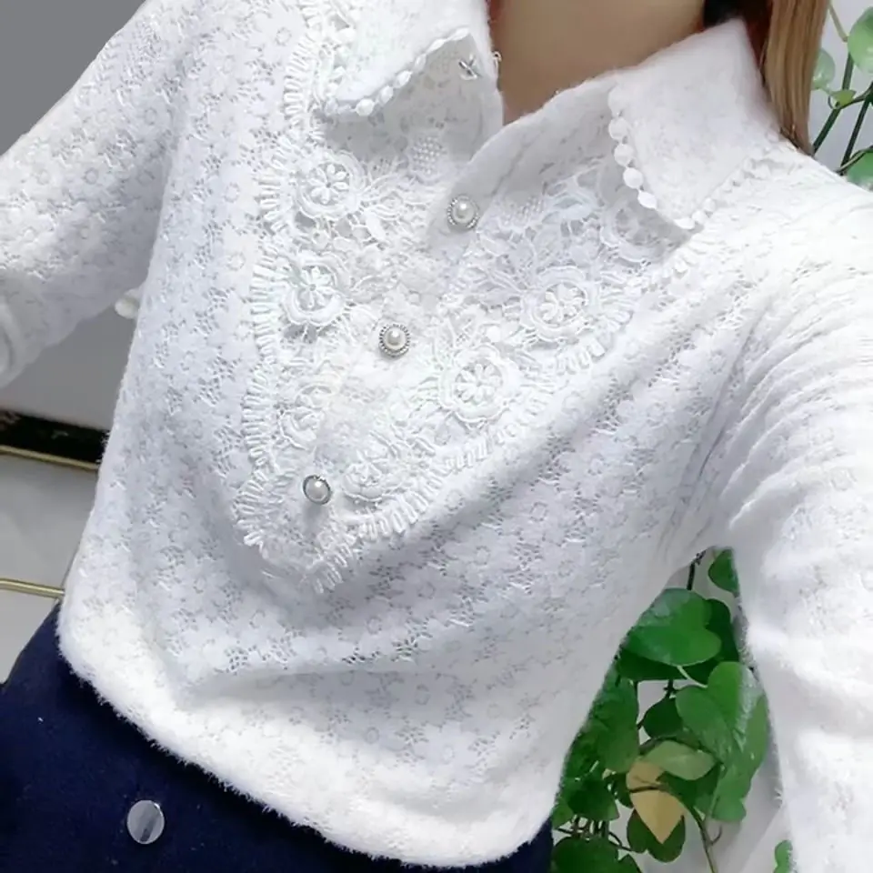 White All-match Fashion Jacquard Open Stitch Shirt Long Sleeve Polo-Neck Office Lady Chic Sexy Spring Autumn Loose Casual Blouse
