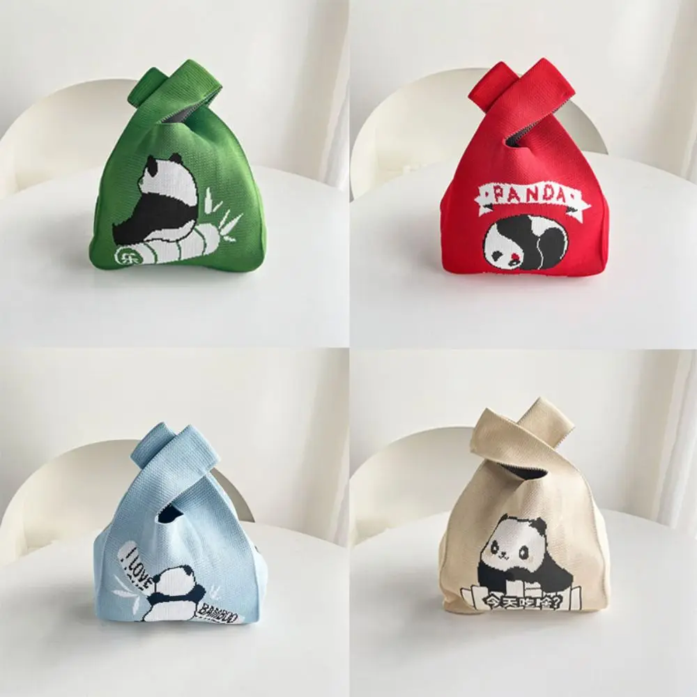 

High-capacity Knit Handbag Reusable Knit Panda Tote Bag Knot Wrist Bag Student