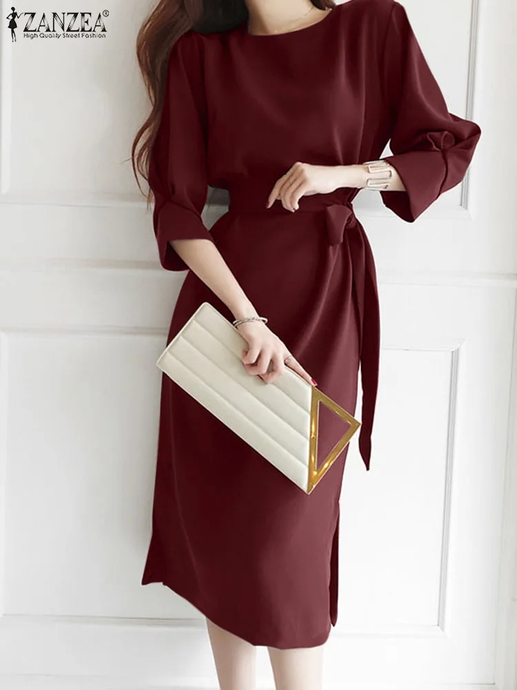 

ZANZEA O-neck Elegant Party Dresses Female Tie Waisted Casual Women Midi Dress 3/4 Sleeve Korean Fashion Side Slit Solid Vestido