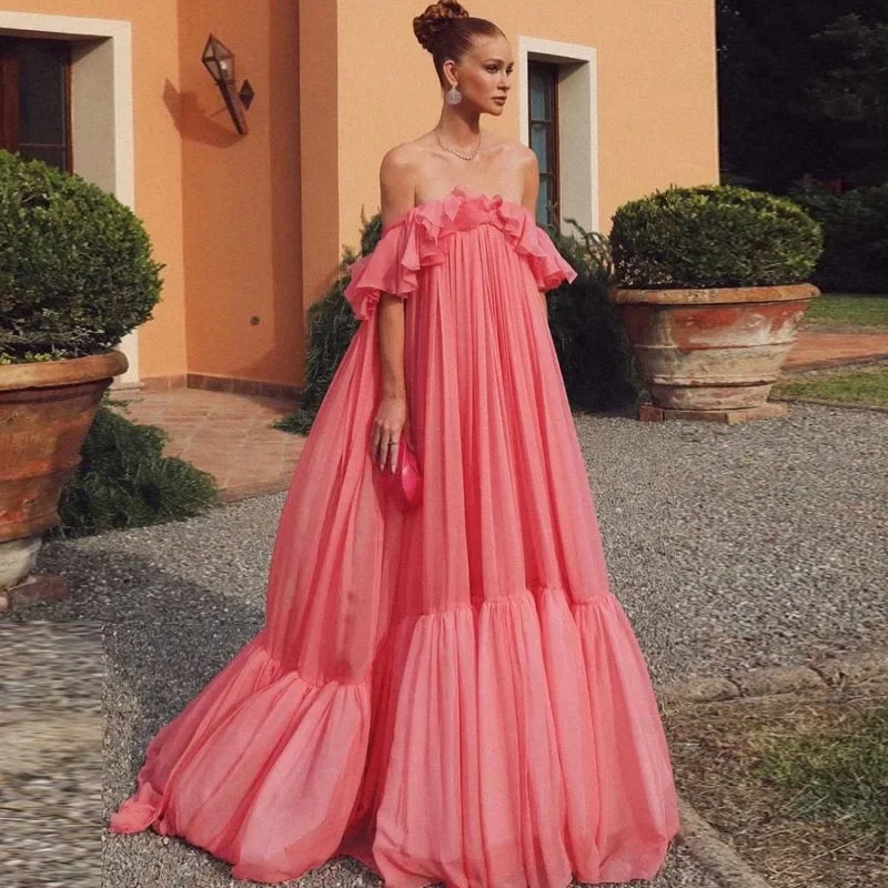 Light Pink A-line Chiffon Ruffled Short Sleeve Woman Clothes Long Birthday Dress For Event Ever Pretty Summer Evening Dresses