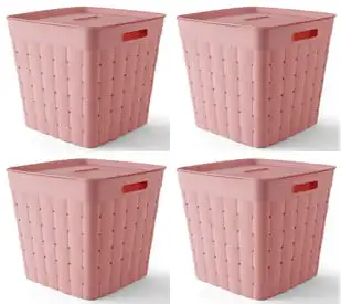 

Child and Teen Plastic Wide Weave Pink Stacking Storage Bin with Lid, 4 Pack Storage Basket Portable Rattan Baskets Kitchen Tool