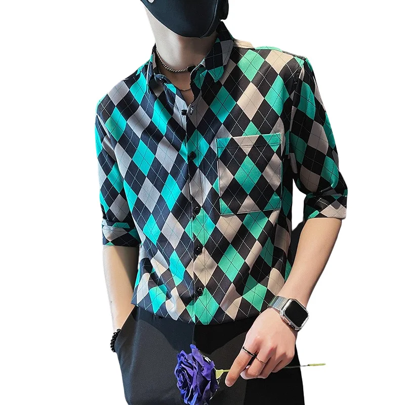 Argyle Printed Shirts Men 2022 Summer Half Sleeve Slim Casual Shirt Business Social Formal Dress Shirts Streetwear Men Clothing