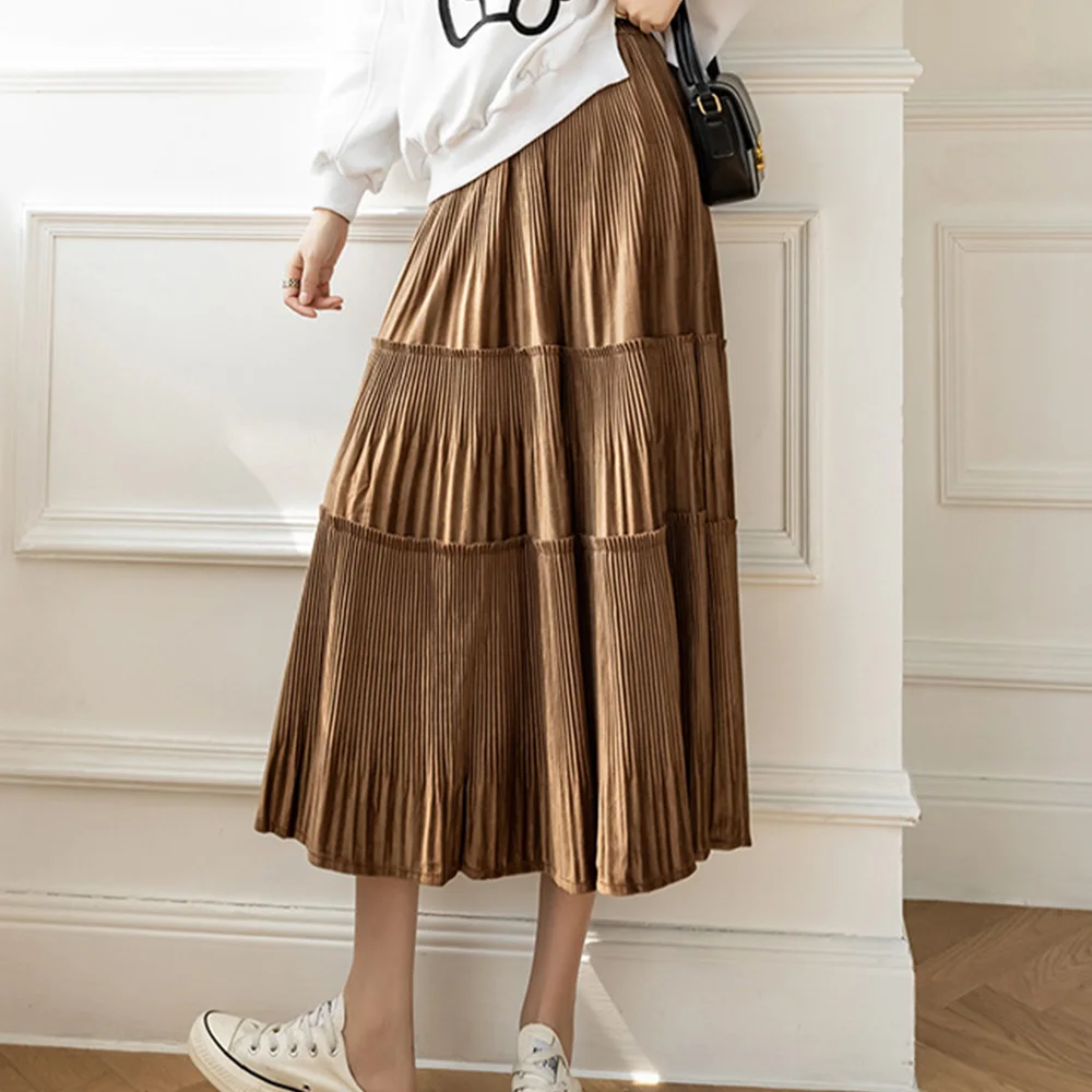 

Skirt Vintage Brown Pleated Long Skirts Spring 2022 Women Elastic Fashion High Waist Black Elegant A-line Midi Skirt For Girls