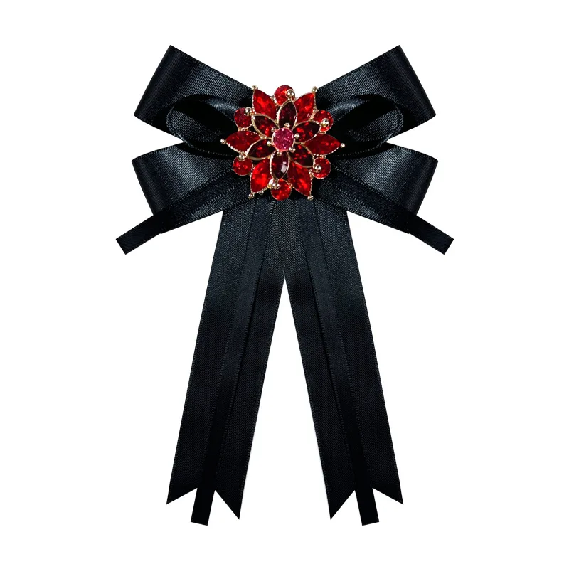 

Women's Bowtie New Korea Double Layer Red Rhinestone Bow Tie Brooch Fashion Streamer Brooches College Style Shirt Collar Flower