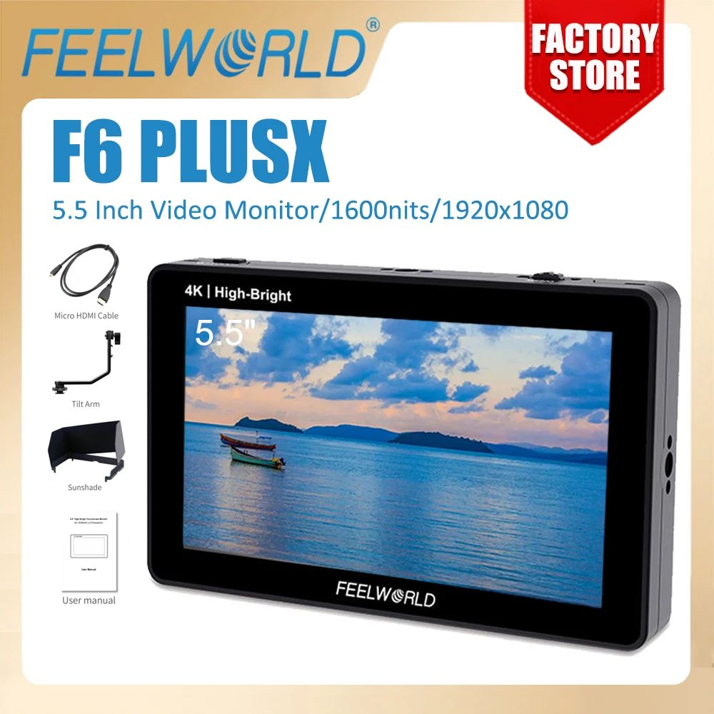 

7-дюймовый монитор FEELWORLD F6 PLUSX, высокая яркость, 1600 нит, сенсорный экран IPS FHD1920x1080 4K HD DSLR-камера, полевой монитор