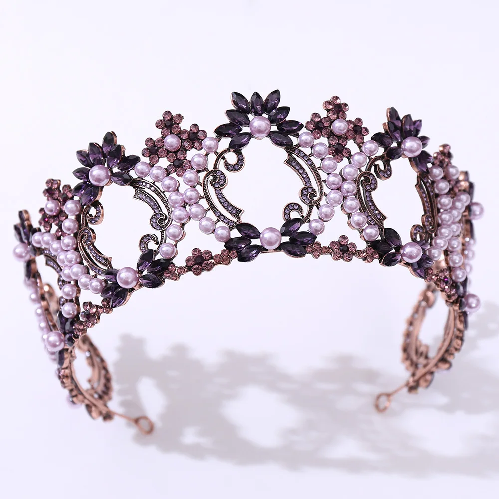 

Baroque Bronze Black Purple Crystal Pearl Round Bridal Tiaras Crowns Rhinestone Diadem Bride Headbands Wedding Hair Accessories