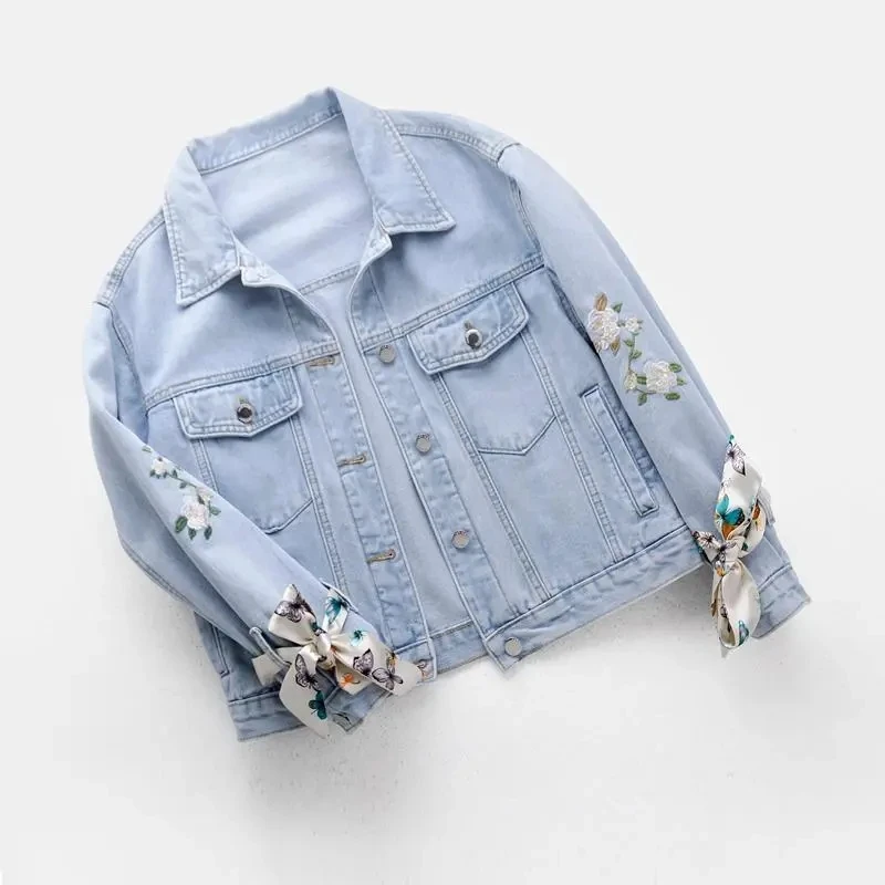 

Spring Autumn Fashion Embroidery Flowers Denim Jacket Coat Women Loose Casual Outwear Korean Bow Long sleeve Jeans Jacket Female