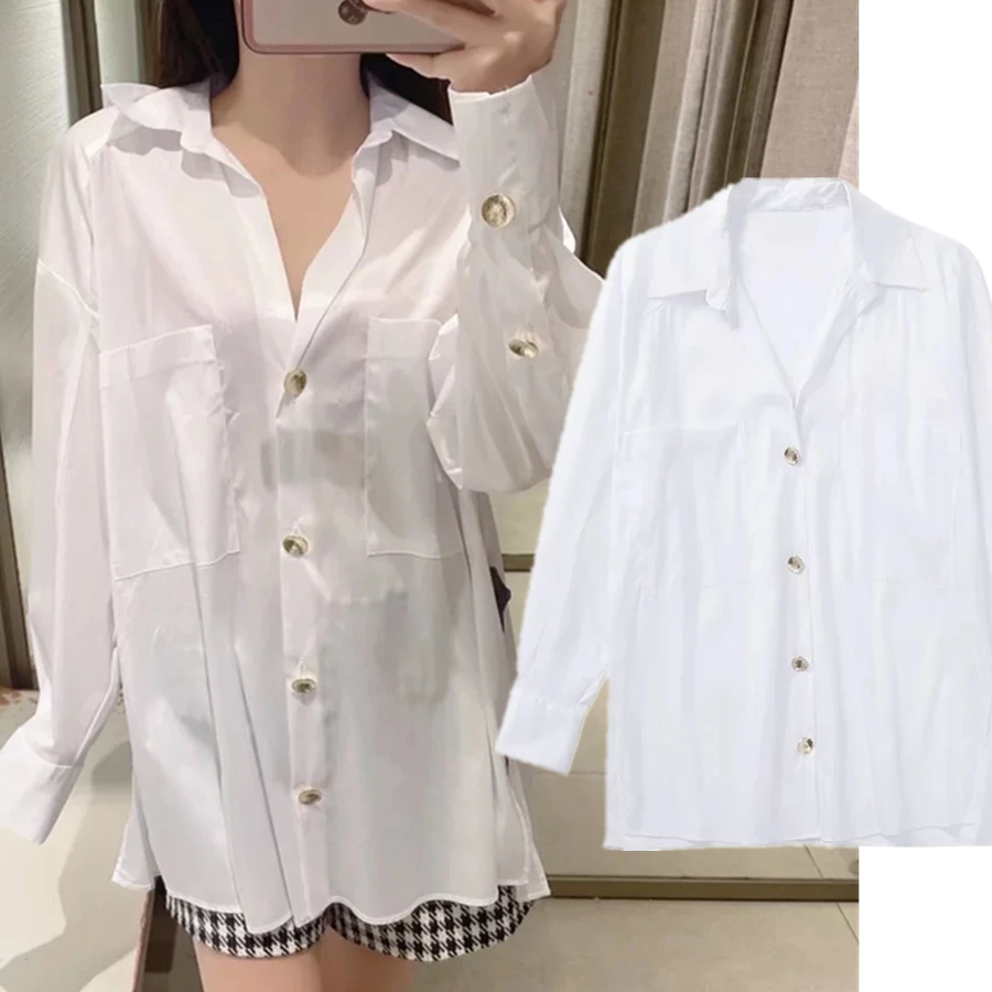 

Увядшая модная блузка с длинным рукавом, Женская английская простая Свободная блузка на золотых пуговицах с карманами, модная женская руба...