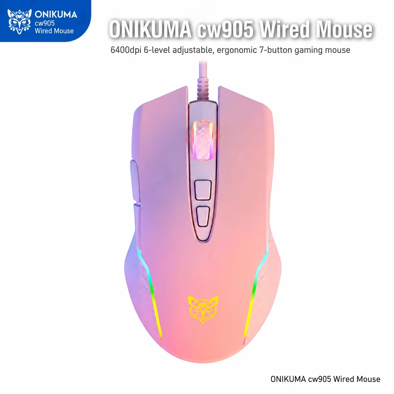 Фото Проводная игровая мышь 6400DPI, 7 кнопок, эргономичная, с RGB-подсветкой, оптическая, для ПК, ноутбука, настольного компьютера, геймеров, розовая, белая, фиолетовая №2